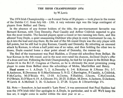 Irish championship 1974, W. Lewis report in BCM
